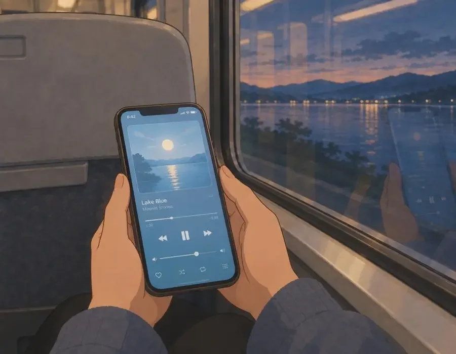 天堂动漫网 APP 使用场景 - 天堂动漫网 天堂动漫网 APP 在地铁中使用场景插画,月白屏幕与湖水蓝播放界面,浅灰座椅背景